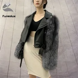 Furealux kort äkta päls med äkta fårskinn naturligt läder hosling päls jacka vinter mode outwear 201016