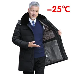 Zimowa gruba długa męska kurtka luksusowa wysokiej jakości futra kołnierzyka w średnim wieku mężczyzn w średnim poziomie, ciepłe płaszcze z kapturem 211110