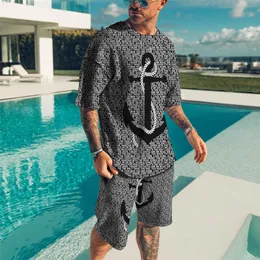 Summer Man Tracksuit statek Kotwica 3D Moda moda swobodne męskie ubrania garnitur Tshirt Shorts 2 sztuki