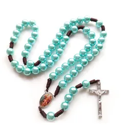 Choker Rope Acrylic Beads Strand Rosary Necklace Jesus Cross For Men Women Religious Jewelry
