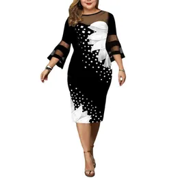 Mulheres vestidos com estampa digital malha de malha retchwork elegante manga mid bezerro bodycon para roupas de festas de casamento 5xl 220521