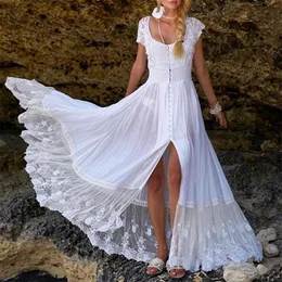 Fest klänningar vit solid färg fyrkantig krage spets sömmar klänning vår sommar kvinnor strand kläder smal hög midja stor swing lång kjol