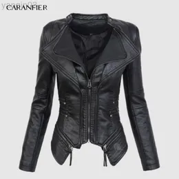 CARANFIER New Autumn Women Pu Giacca in pelle Faux Soft Leather Coat Short Design Zipper Slim Black Motorcycle Jacket L220801
