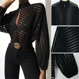 Sexy Schwarze Frauen Mesh Sheer Blusen Damen Langarm Gestreiften Vorne Aushöhlen Transparente Shirts Blusas Mujer Camisas 220812