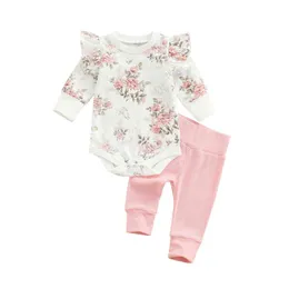 Citgeett Autumn Baby Girls Flower Print Long Sleeves Romper Pink Pants Sluts Set J220711