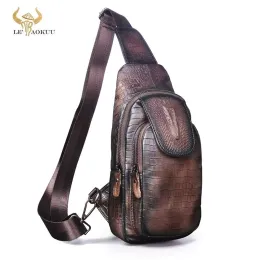 Midja väskor män naturligt äkta läder retro kaffe triangel bröst sling väska 8 "tablett design en axelrem kors kropp hane 5016