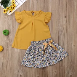 Cute para criança meninas roupas de meninas conjuntos de verão Kids Manga de mosca Amarelo Tampa de estampa floral de impressão floral 2pcs Roupas de roupas 1 5y 220620