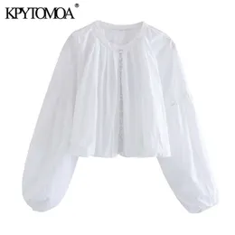 KPYTOMOA Women Fashion med täckta knappar beskurna blusar Vintage O Neck Lantern Sleeve Female Shirts Chic Tops 210308