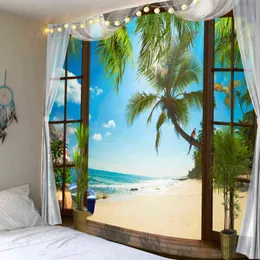 Tapestry 3D Window Landscape Wall Rug Hippie Coconut Beach Wave For Bedroom Hom