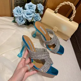 Aquazzura Stiletto Sandals Women Fashion Brand Luxury Designer Slides 2022 Rhinestones Crystal Runway Shoes Thin High Heel Slip On Factory Slippers