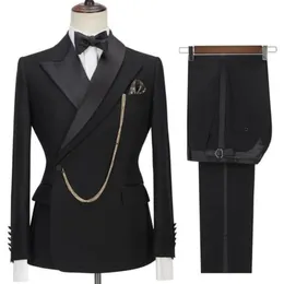 2022 CLASSY Black Wedding Tuxedos Groom Wear Mens Suits Slim Fit Peaked Lapel Prom Bestman Groomsmen Blazer Designs 2 Piece Set Jacket and Pants Custom Made Made
