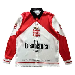 Casablanca 24SS vermelho e branco costura design cetim branco solto camisa de manga comprida camisas de qualidade Top camisetas finas