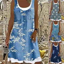 Women Tank Dress Summer Retro Denim Style Floral Print Splice Mini Casual ärmlös O Neck Loose ES S S 5XL 220713