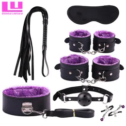 7 em 1 jogo adulto Bondage sexy, restrição, algema, plugue da boca, chicote, colarinho, clipe de mamilo, brinquedos de fantasia sexy PU PU Leather SM itens de beleza de produtos