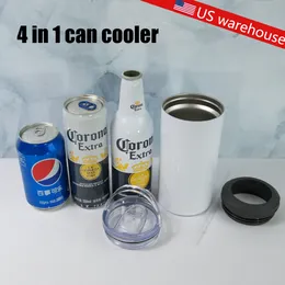 ABD depo 16 oz 4 in 1 süblimasyon bardağı boş kutu soğutucu kutular koozie beyaz paslanmaz çelik düz bardak 2 kapaklı kahve kupa su şişesi