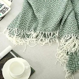 Blankets Modern Geometrical Design Green Plaid Tassel Knitting Blanket Decorative Carpet Sofa Bed
