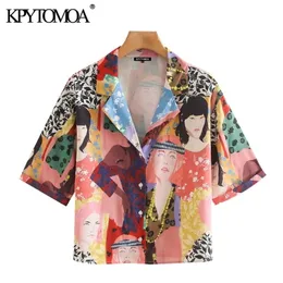 KPYTOMOA 여성 패션 인쇄 인쇄 버튼 업 블라우스 빈티지 라펠 칼라 짧은 소매 여성 셔츠 Blusas Chic Tops 210401
