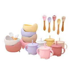 Baby Silikon Schüssel Gabel Löffel Stroh Tasse Set Silikon Schüssel Löffel Lernen Geschirr Geschirr Saugnapf BPA FREI Baby Produkt 220624