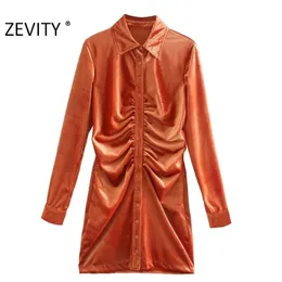 Zevity Autumn Fashion Women Orange Green Color Plateed Single Reased Slim Dress Frate Female Long Sleeve Velvet Vestido 210325