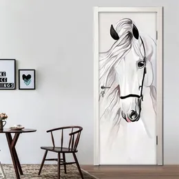 自己接着剤3Dドアのステッカー手描きの白い馬の抽象的な芸術の壁絵画ベッドルーム調査室壁紙の装飾220426