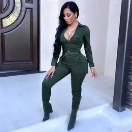 Army Green Casual Button Shirt Jumpsuit Frauen Winter Langarm Tapered Strampler Mittlere Taille Belted Cargo Pants Jumpsuit 210709