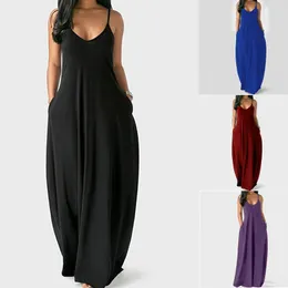 2022 sommer Frauen Plus Größe Dresse frauen Sexy V-ausschnitt Ärmellose Spaghetti Strap Sommerkleid Damen Einfarbig Lange Kleid S-5XL