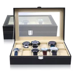 Window Black Leather Watch Box Case Professional Holder Organizer For Clock Watches Jewelry Boxes Travel Display Gift 220624
