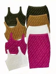 Vestido Feminino de Duas Peças Malha Vestidos Casuais Em Relevo 3D Letra Alta Qualidade Feminina Malha Regata Saia 4 Cores