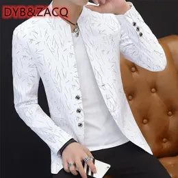 Herr tryckt liten kostym manlig koreansk version av självkultivering standup krage kinesisk tunika avslappnad tunn jacka ungdom 220704
