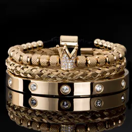 Men Bracelets Stainless Steel Crystals Bangles Couple Jewelry 3pcs/set Luxury Micro Pave CZ Crown Roman Royal Charm Bracelet