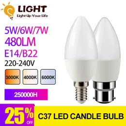 LED C37 3W 5W 6W 7W E14 B22 E27 220V 3000K 4000K 6000K Lampada Candle Bulb Living Room Home LED Bombilla for Home Decoration H220428