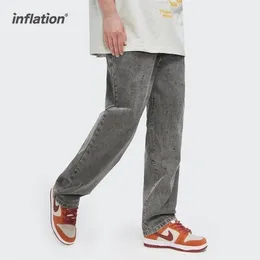 Inflation svart tvättade jeans män rakt denim byxor mode gata slitage bläck retro hip hop 3578s21 220328