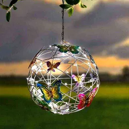 Butterfly Pendant Outdoor Solar Light Mesh Round Ball Light Waterproof Outdoor Garden Landscape Pathway Decor Hanging Lamp J220531