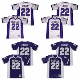 Erkekler Lisesi South Rebels Futbol 22 Phillip Lindsay Jersey Moive College Spor Hayranları için Dikişli Nefes Alabilir Üniversite Hip Hop Takımı Mor Beyaz