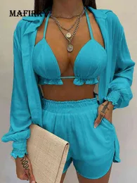 Women Summer Casual Sling Top Cardigan Shorts 3PCS Suits Long Sleeve V-Neck Printing Loungewear Ladies Matching Sets Streetwear Y220417