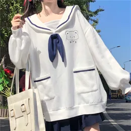 Kvinnors hoodies tröjor japansk preppy stil jk student kvinnor casual tröja bowknot tie sjömans krage björn broderi kawaii dvs kläder 230206