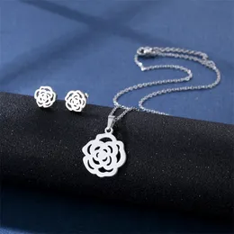 Orecchini a bottone con collana di camelia in acciaio inossidabile Set da donna Nuova catena clavicola Petali geometrici Accessori popolari Regalo di festa