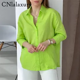 CNlalaxury Women Spring Summer Vintage Green Color Loose Linen Blouse Office Lady Single Breasted Shirt Chic Chemise Blusas Tops 220726