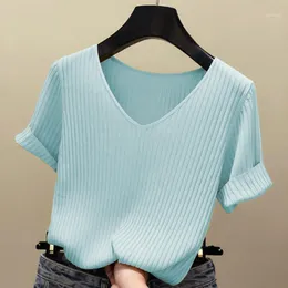Women's T-Shirt Knitted Short Sleeve Women Tops 2022 Solid Korea Summer Tshirt Thin V-neck Knit Female Tee Shirt Dames Gebreid T