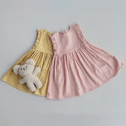 Mädchenkleider Sommerkleid für Babys, Kleinkinder, Mädchen, Ärmel, solide Rüschen, ärmelloses Sommerkleid, Leinen-Baumwollkleid, A-Linie, Partykleider, Mädchen-Gi