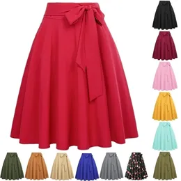 Belle Poque Women Skirts Summer Solid Color High Waist Self-Tie Bow-Knot Embellished A-Line Retro Casual Knee Length 220401