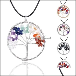 H￤nge halsband h￤ngsmycken 7 Chakra Tree of Life Rainbow Natural Stone Quartz Druzy Wisdom Black Rope String Chains For Women Gift