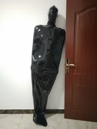 صنم PVC فو فو Catsuit Comple Sexy Black Mummy Bodysuit SPANDEX حقيبة نوم Zentai Catsuits البالغة Cosplay فستان تنكري الأمامي