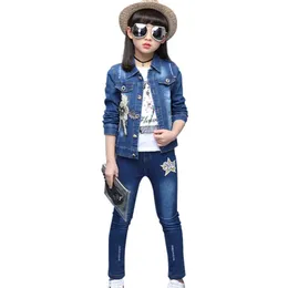 Clothing Sets Kids Clothes Appliques Denim Jacket & Jeans T-shirt 3 Pcs Suit For Girls Love Sequined Outfits Autumn Novelty SuitClothing