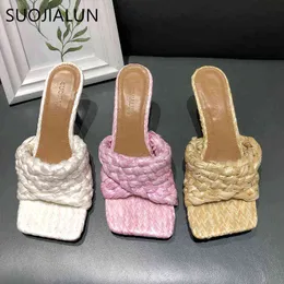 Marca de moda suojialun weave vrouwen slipper nieuwe zomer dames slides vierkante abeto adolescente hoge hak muilezels anti -op sandaal schoenen 220509