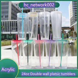 24oz Clear Plastic Tumblers Flat Lid Acrylic Water Bottles with colorful Straw 710ml Double Walled Portable Office Coffee Mug Reusable Transparent Fast Ship