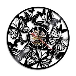 Wall Clocks Butterfly Laser Cut Record Clock Butterflies Vintage Creative LED Light Hanging Watch Silent Quartz Home DecorWall ClocksWall Cl