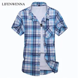 Plus Size M-7XL Summer Moda Męska Koszula Slim Fit Mężczyźni Krótki Rękaw Plaid S Mens Odzież Trend Casual Social 220322