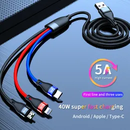5A Currente alta 3 in 1 Cavi di dati intrecciati 40W Super Fast Carging Split Line First Line Android Apple Type-C e tre utilizzano l'illuminazione di supporto estremo con imballaggio