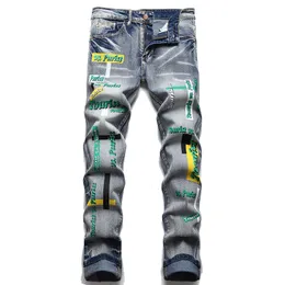 Retro azul rasgado estilo punk jeans masculino estiramento fino-ajuste carta impressão calças jeans moda casual calças vaqueros de hombre